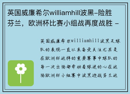 英国威廉希尔williamhill波黑-险胜芬兰，欧洲杯比赛小组战再度战胜 - 副本