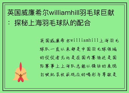 英国威廉希尔williamhill羽毛球巨献：探秘上海羽毛球队的配合
